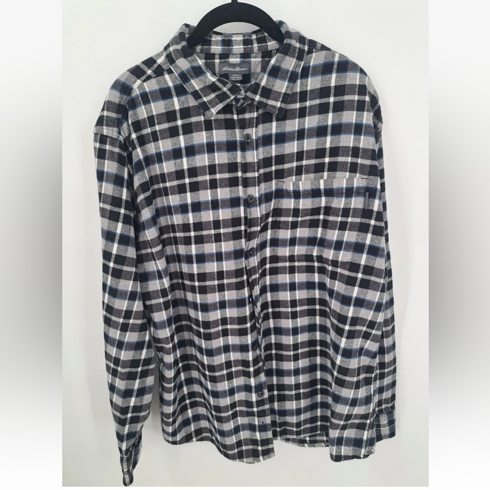 Eddie Bauer Rugged Men's Cotton Blue Black Flannel  Shirt Size LG